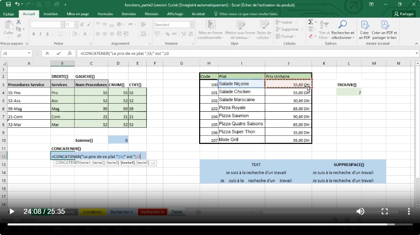 fonctions trouve, concatener de excel