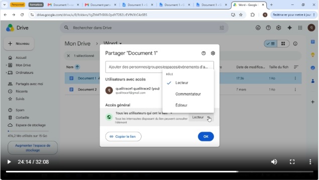 Utilisateur en train de partager un lien d'accès à un fichier sur Google Drive