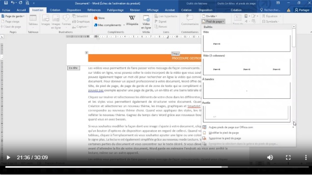 Capture d'écran montrant la réalisation des entete et pied de page 